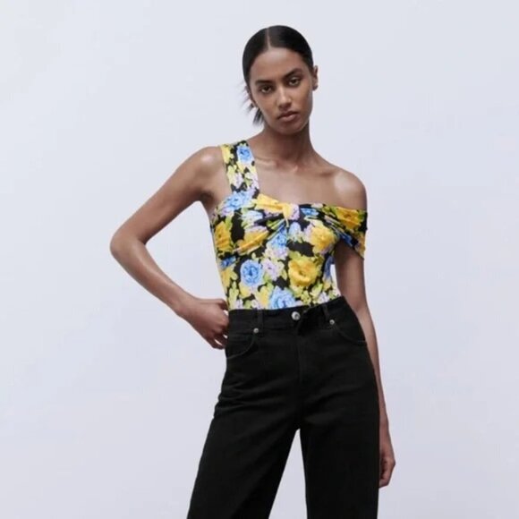 NWOT Zara multicolour floral print asymmetrical wide strap pleated bodysuit, S - Picture 1 of 12
